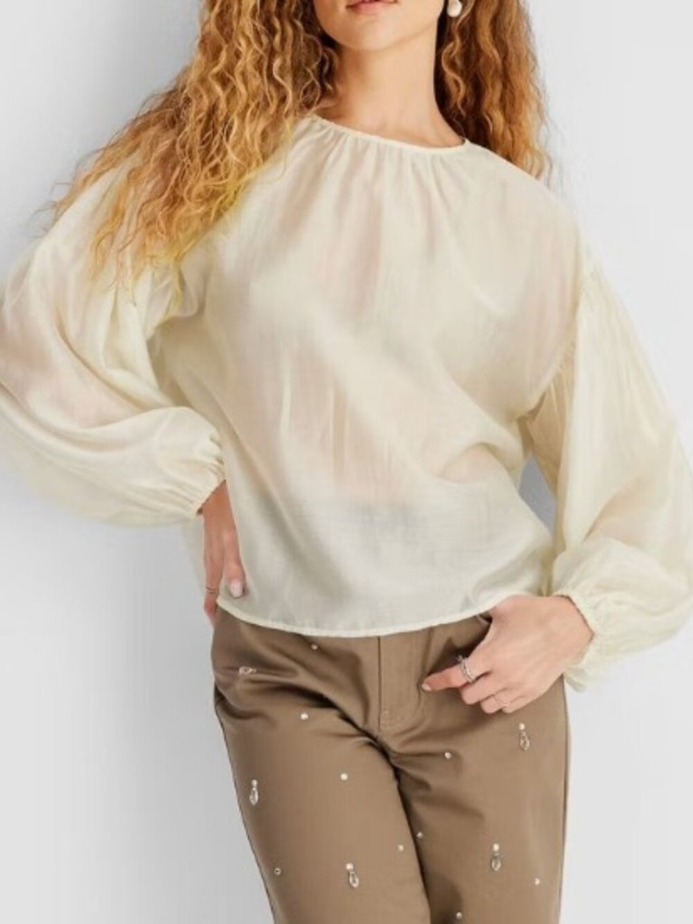 NWT Future Collective Sheer Balloon Sleeve Cream Blouse Fairy Cottagecore Sz L